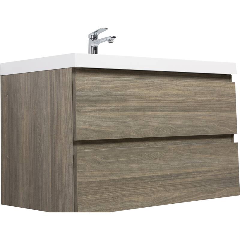 35.5-Inch Floating Bathroom Vanity with Glossy Resin Sink, Ash Grey Color, Wall-Mounted Design, 2 Drawers