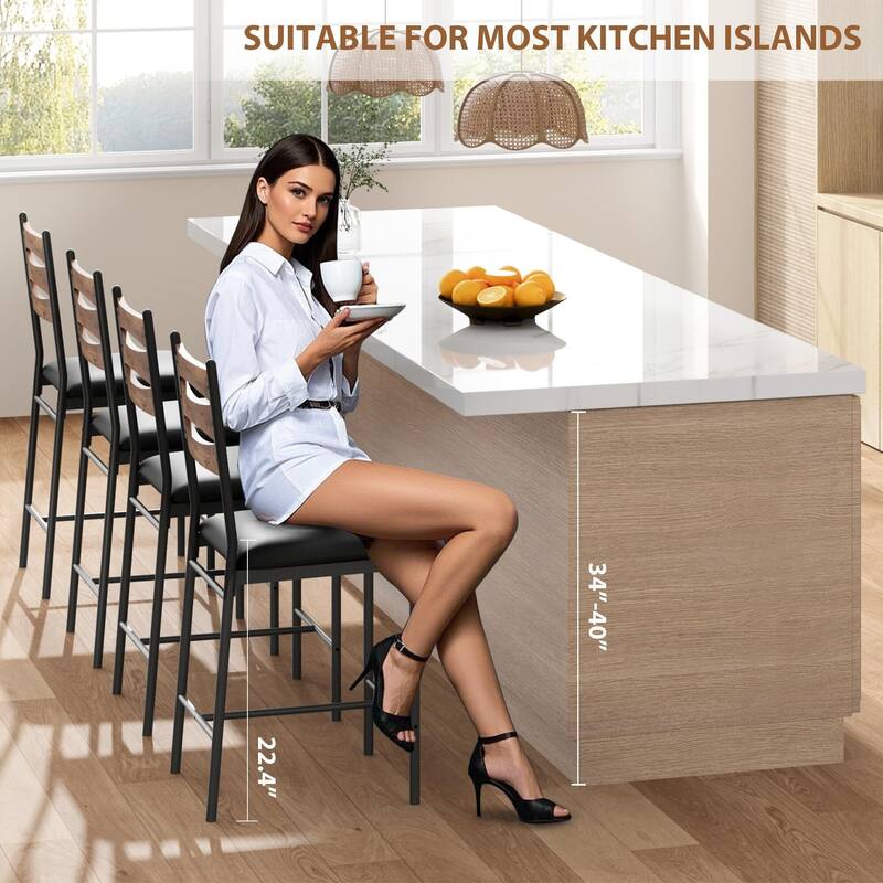 Bar Stools Set of 2 - Thick Cushioned Faux Leather Stools with Islamic Geometric Backrest, Gold Accent Footrest
