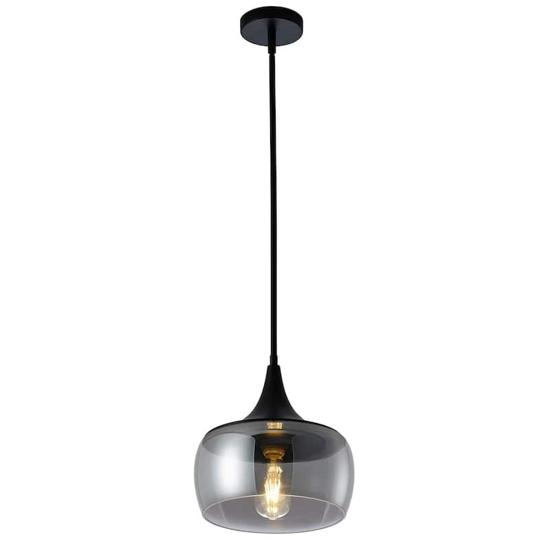 Matte Black 1-Light Dome Pendant Light with Smoke Grey Glass Shade