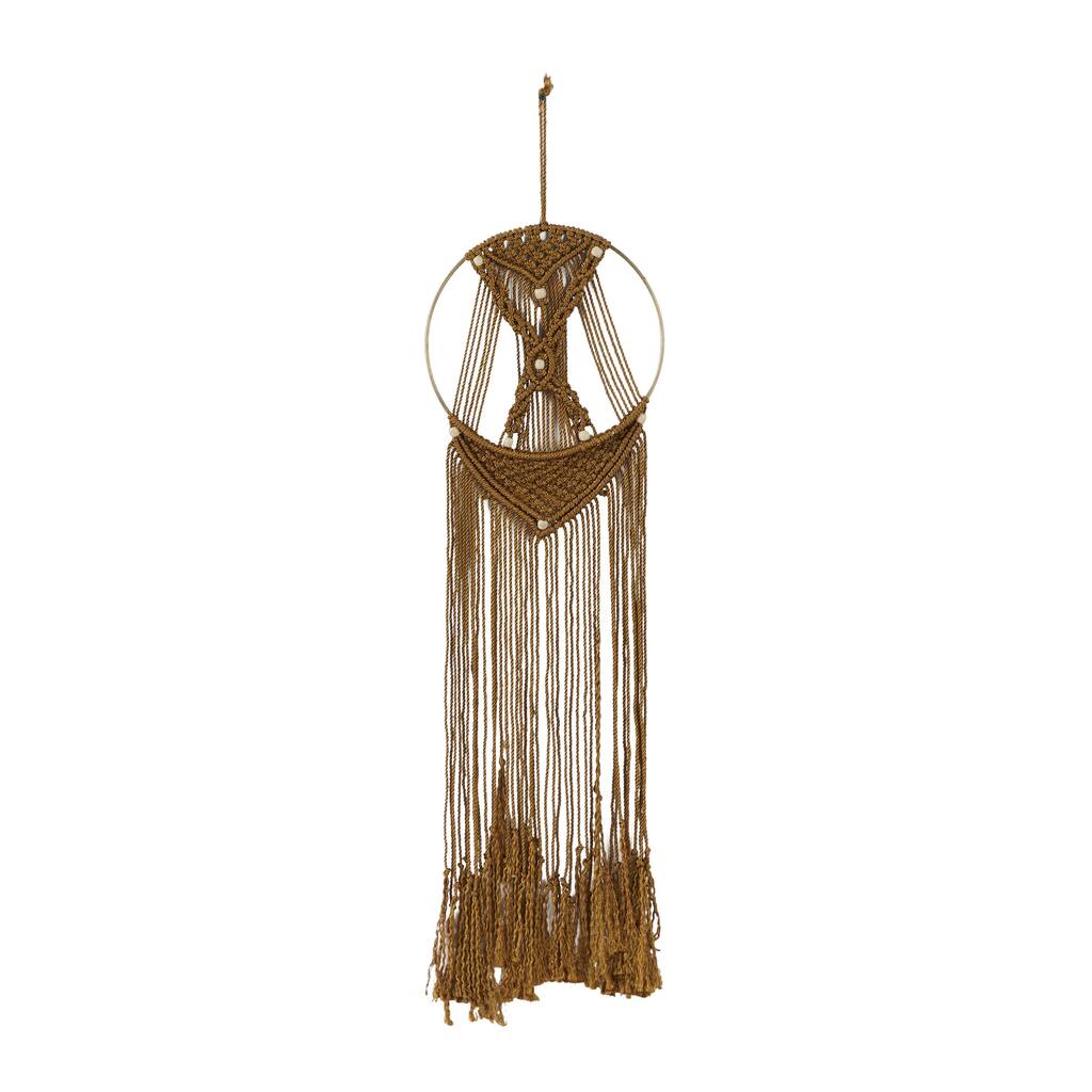 Fabric Macrame Handmade Intricately Weaved Home Wall Decor with Beaded Fringe Tassels - Brown - Roche River Decor