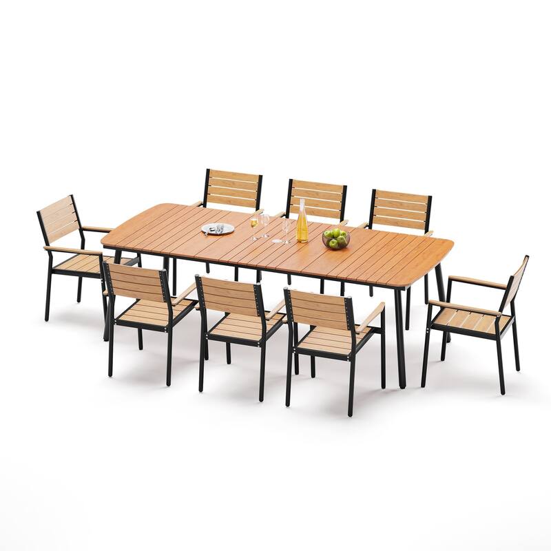 9/11-Piece Outdoor Dining Set Patio Aluminum Dining Table with Umbrella Hole and Stackable Dining Chairs - Brown - Set of 9