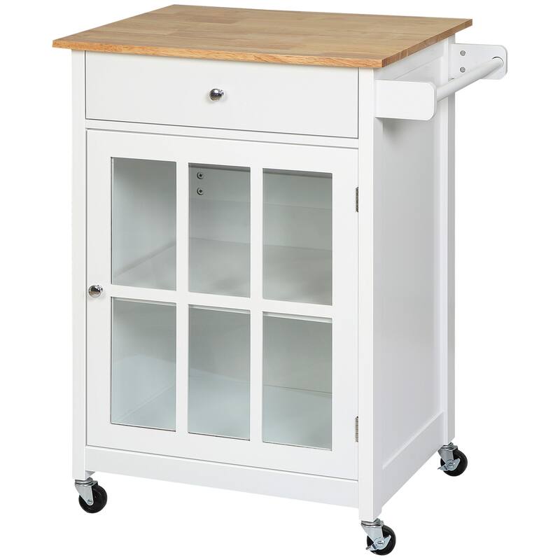Rolling Cart with Drawer and Glass Door, Kitchen Island with Adjustable Shelf, Kitchen Cabinet with Towel Rack