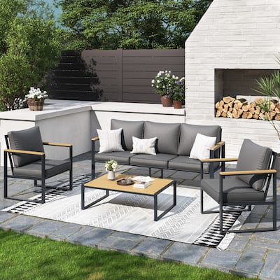 Outdoor 4 Pieces Furniture Sets Modern Iron Patio Conversation Sets Sofa w Grey Cushion Faux Wood Grain Frame Coffee Table