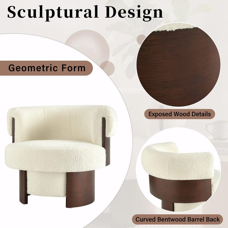 Modern 32'' Curved Sculptural Swivel Barrel Chair, 360° Swivel Base, Upholstered Accent Chair