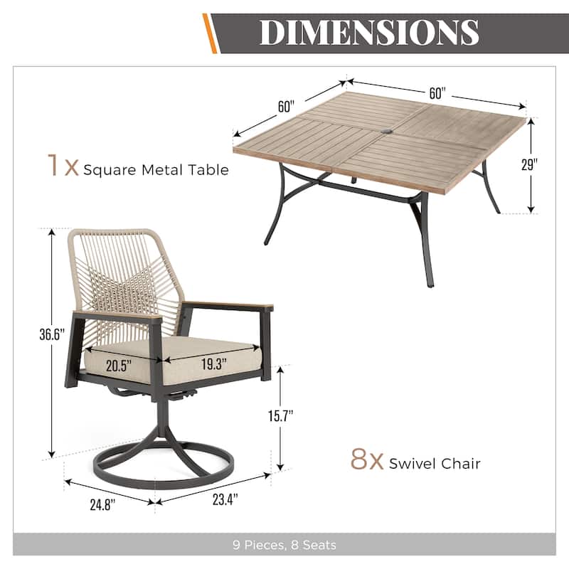 MAISON ARTS 9 Pieces Outdoor Patio Dining Set with Square Table and Cushioned Woven Wicker Dining Chairs