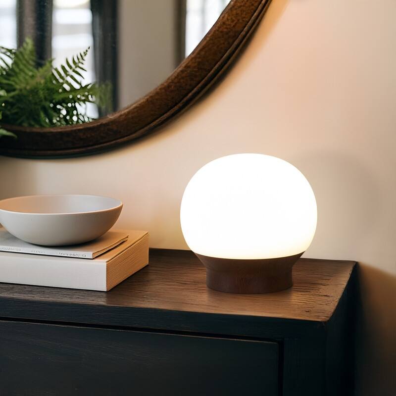 Brightech Marlow LED Walnut Brown Wood Midcentury Round Globe Dimmable Bedside Nightstand Desk Lamp