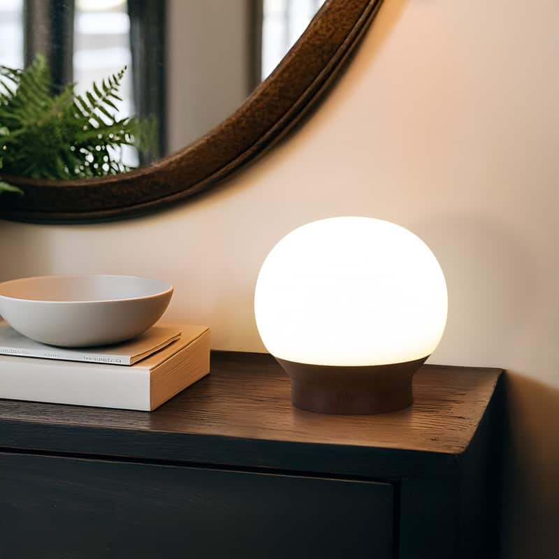 Brightech Marlow LED Walnut Brown Wood Midcentury Round Globe Dimmable Bedside Nightstand Desk Lamp