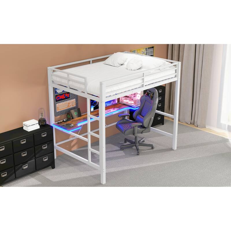 Full Size Gaming Metal Loft Bed Frame with LED Light, USB Charge Station and Desk