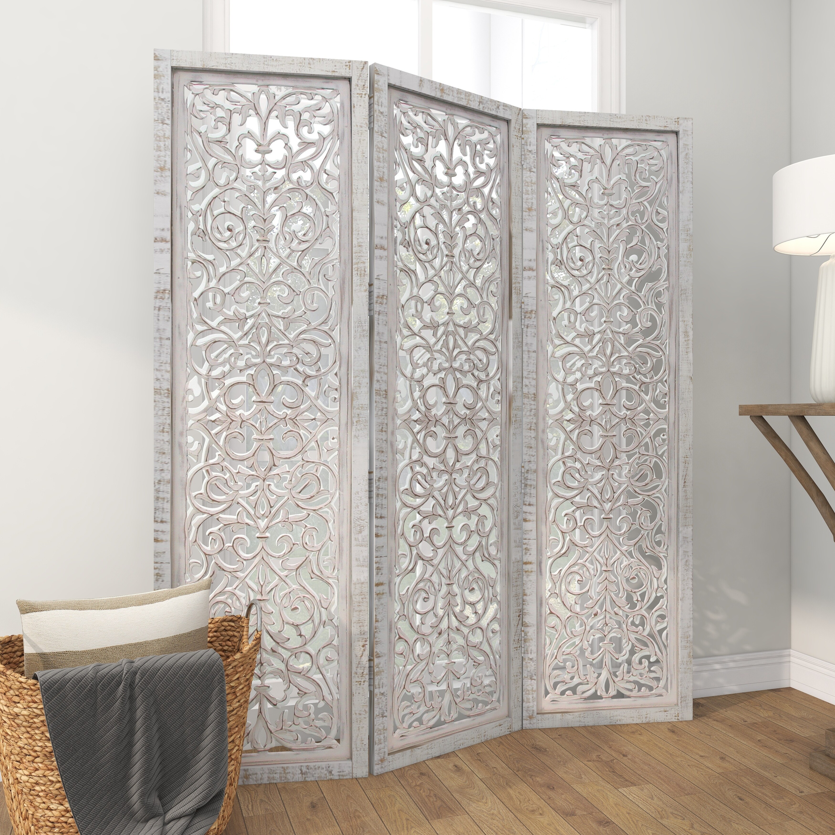 White Wooden Handmade Hinged Foldable Partition 3 Panel Floral Partition Room Divider Screen with Intricate Carved Design