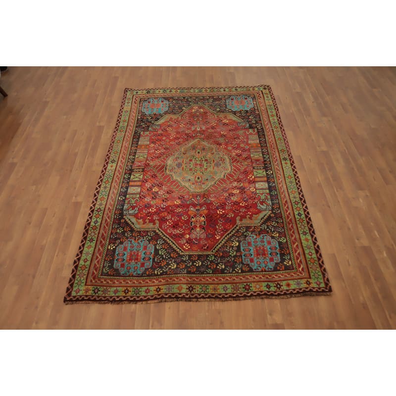 Hand Knotted Oriental 100% Wool Carpet Traditional Medallion Red Shiraz Area Rug - 8' 2'' X 5' 3''