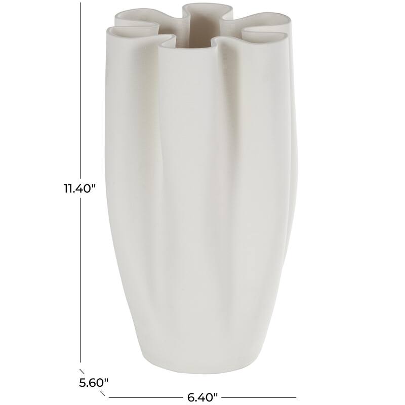 Ceramic Abstract Ribbed Dimensional Folded Decorative Vase with Floral Shaped Rim - White - Roche River Decor