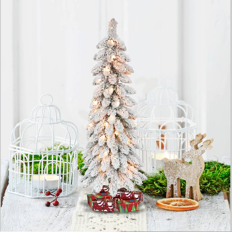 Puleo International 4' Pre-Lit Flocked Alpine Pencil Artificial Christmas Tree - 4