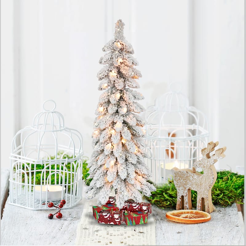 Puleo International 4' Pre-Lit Flocked Alpine Pencil Artificial Christmas Tree - 4