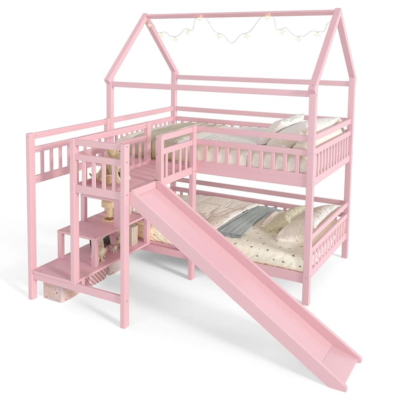 Full/Twin House-Shaped Bunk Bed with Slide & Storage Stairs, Playhouse Bed with Two Placement Methods