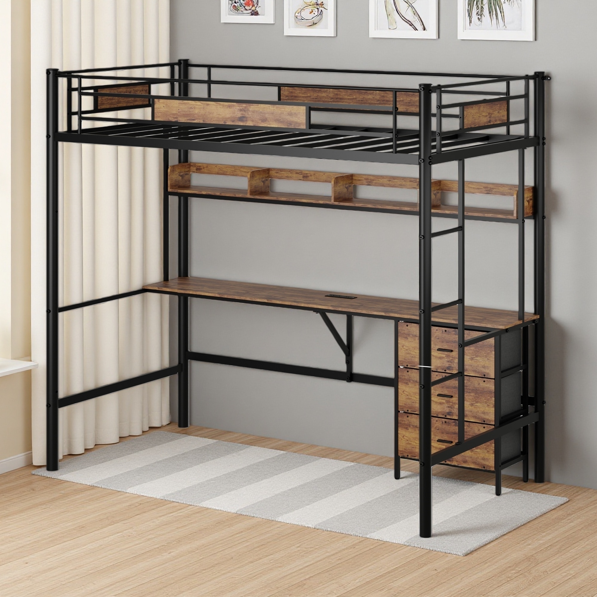 Twin Size Metal Loft Bed with L-Shaped Desk, Charging Station and Fabric Drawers