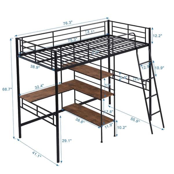 dimension image slide 0 of 2, Modern Twin Size Metal Loft Kids Bed with Built-in Desk,Ladder,Guardrail and Storage Shelves