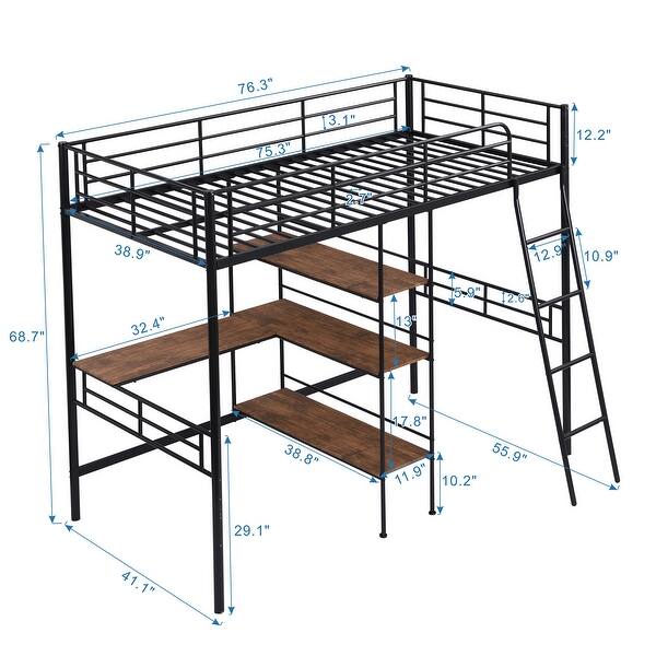 dimension image slide 1 of 2, Twin Size Metal Loft Bed with Built-in Desk and Shelves - Enhanced Functionality and Space Efficiency