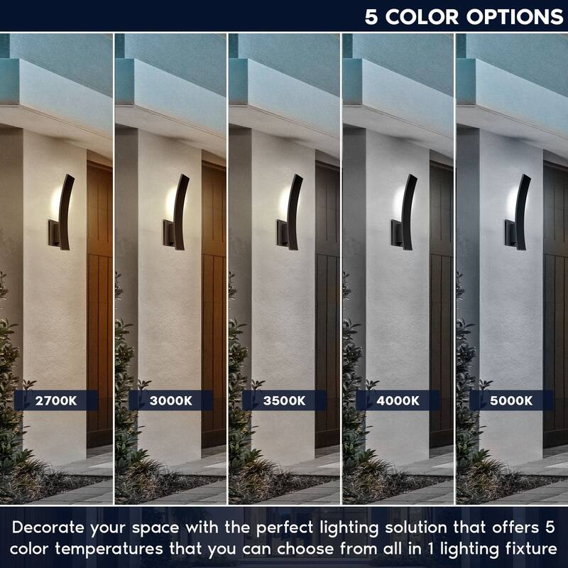 LUXRITE 15-Inch LED Curved Outdoor Wall Sconce, 5CCT, 1000LM, 15W, IP65, Dimmable, Exterior Light Fixture Black 2 Pack