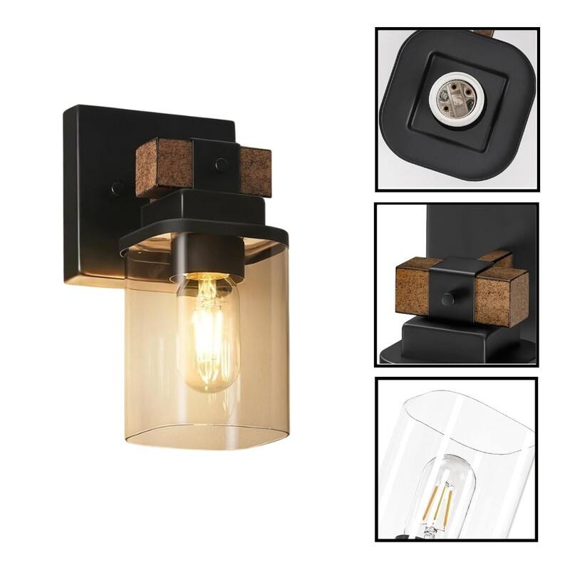 2 Pack bulb light rustic brown + black light fixture glass, metal wall light