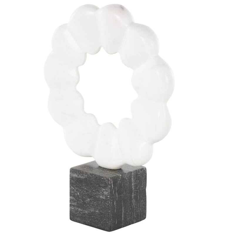 White Marble Floral Inspired Ring Geometric Decorative Sculpture with Black Block Base - White
