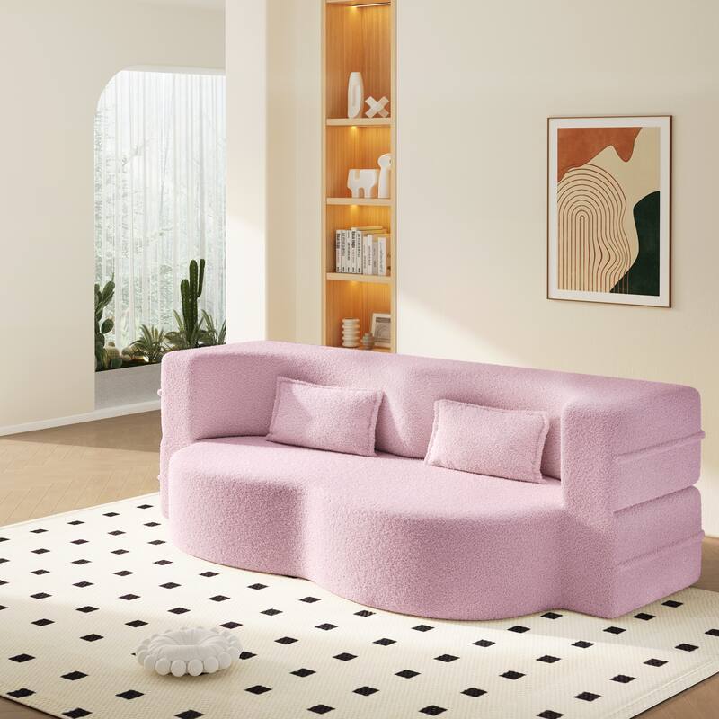 Modern Floor Sofa with 2 Pillows,Convertible Teddy Fabric Foam-Filled Sleeper Sofa Bed