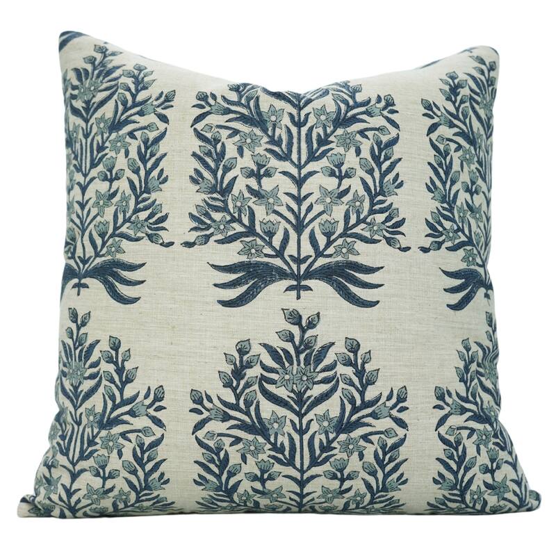 Fabdivine Hand Block Print Floral Pillow Cover Linen Cushion Case for Sofa Guest Room Fall Home Accent Gift, Shehjan - Vrindavan- Dark Blue - 14" x 14" - Pillow Covers