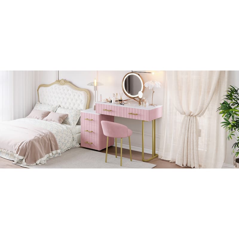 Vanity Desk With Chair, Vanity Set With 5 Big Drawers, Makeup Table With Padded Chair, Marble-Look Sticker Top Dressing Table