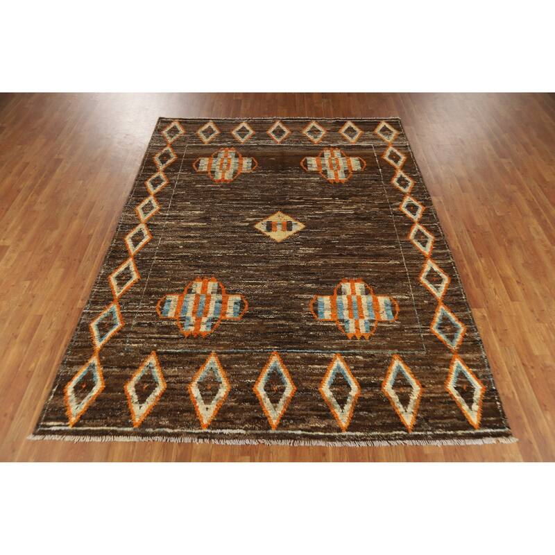 Brown Moroccan Oriental Area Rug Hand-Knotted Wool Carpet - 6'11" x 9'5"