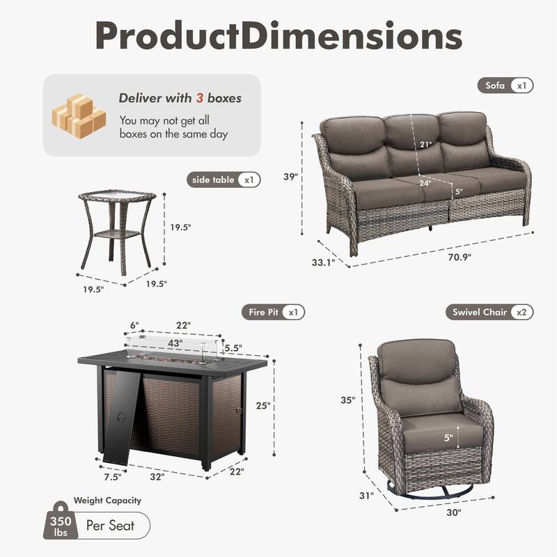 Meyreso 5-Piece Outdoor Patio Metal Fire Pit Wicker Conversation Set with 5-Inch Thick Olefin Cushions