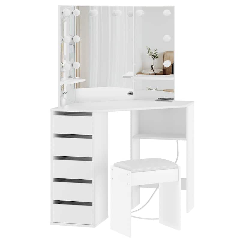 Corner Makeup Vanity Desk with Mirror and Lights