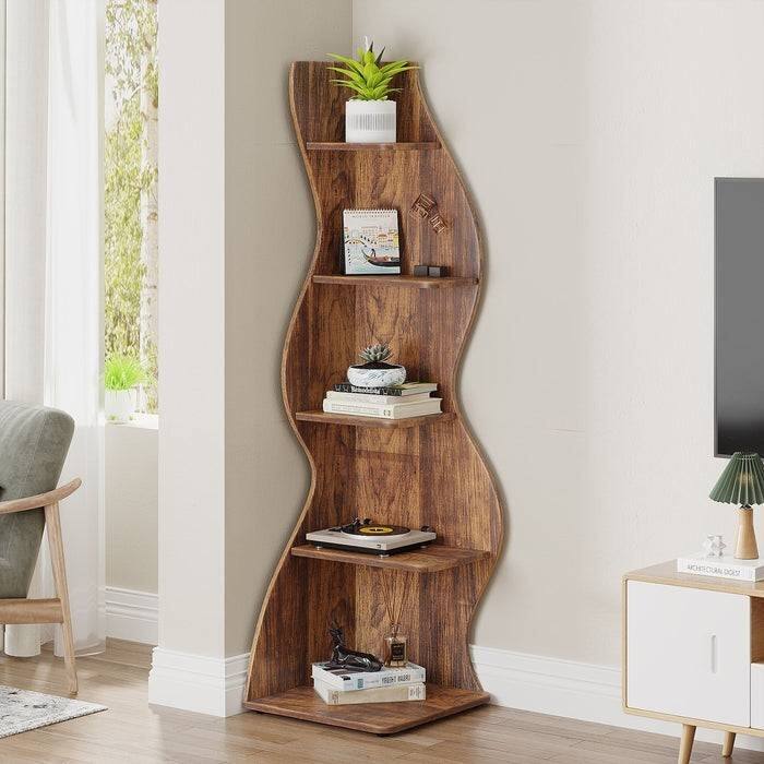 Modern Whimsical 5-Shelf Corner Bookcase Adjustable Wood-Inspired Storage for Home and Office