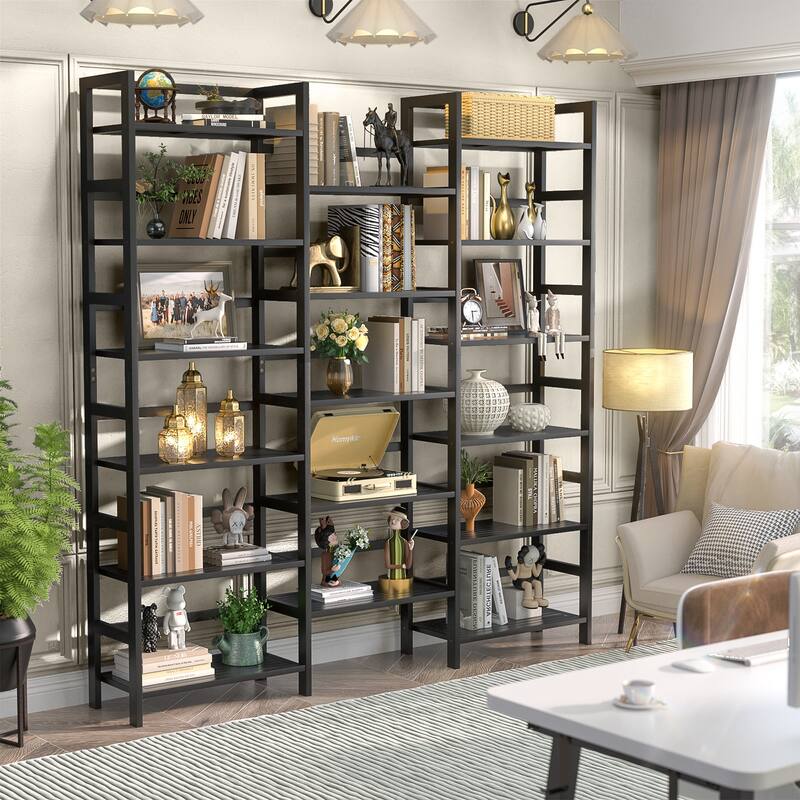 6-Tier Solid Bamboo Bookcase,Large Freestanding Open Bookshelf with 17 Display Shelves,Easy To Assemble - Triple Wide - Black