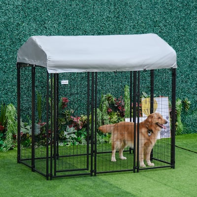 Pawhut Large Outdoor Dog Kennel Galvanized Steel Fence with UV-Resistant Oxford Cloth Roof & Secure Lock