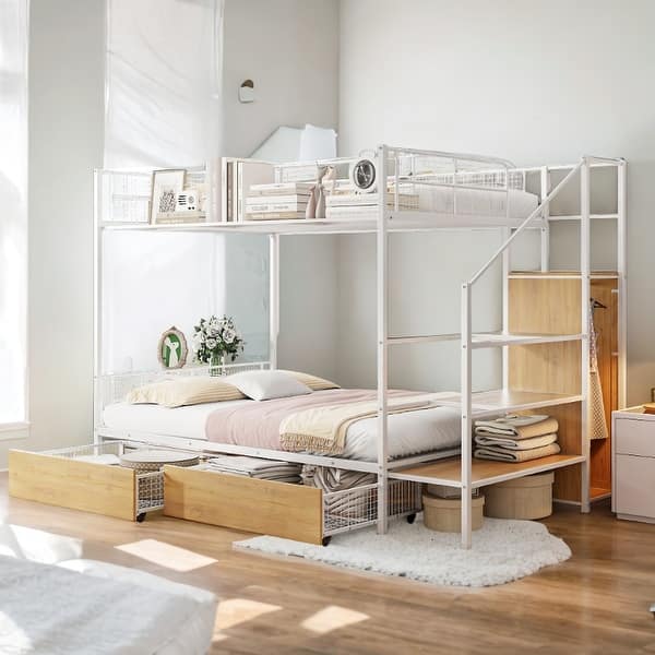 slide 2 of 8, White Twin Over Full Home Metal Bunk Bed with Drawer and Lateral Ladder