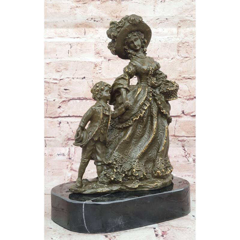 Bronze Victorian Lady And Boy Sculpture On Marble Base