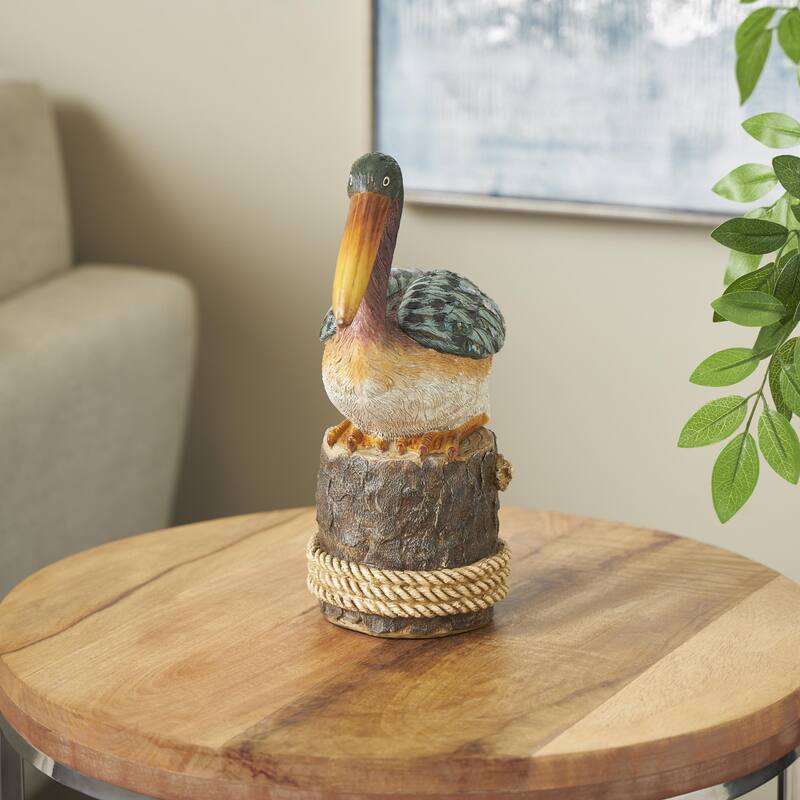 Teal Resin Textured Sitting Pelican Decorative Sculpture with Brown Block and Shiny Accents - 10"W x 6"L x 12"H