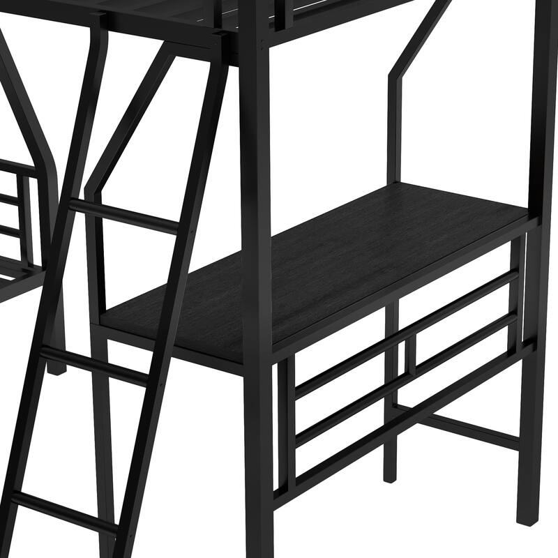 Twin & Twin Over Full Metal Triple Bunk Bed with Loft and Desk, Guardrails
