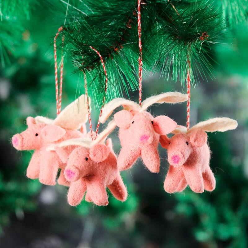 Novica Handmade Flying Piggies Wool Felt Ornaments (Set Of 4)