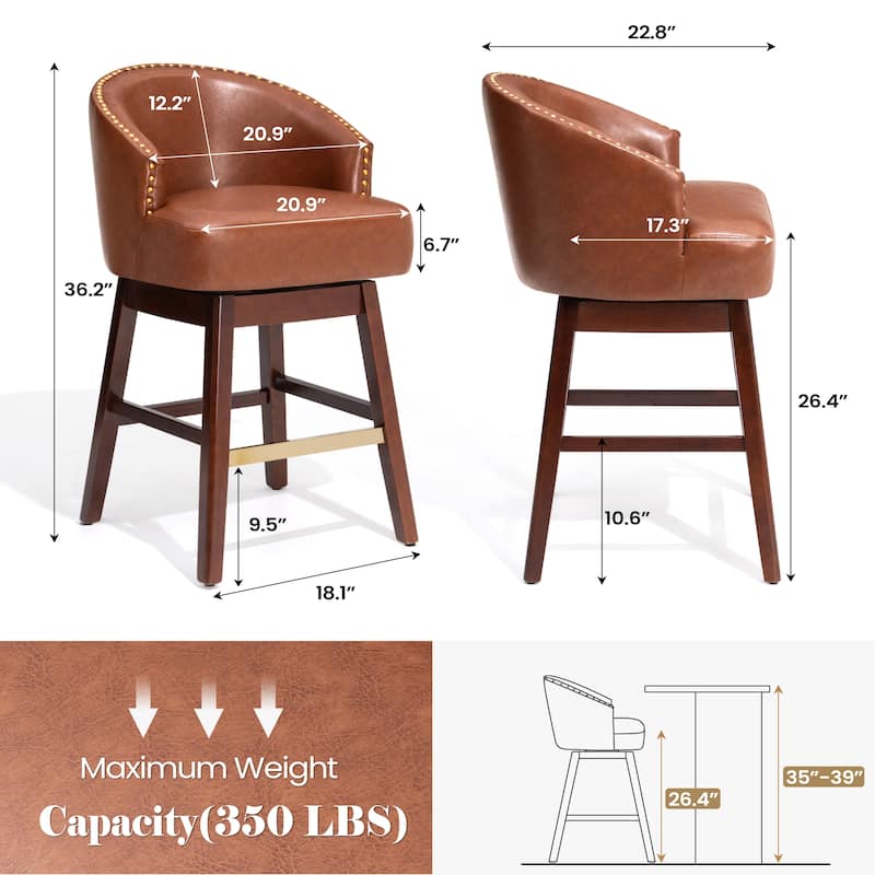 Counter Height Bar Stools Upholstered Solid Wood Swivel Barstool Set of 2/4