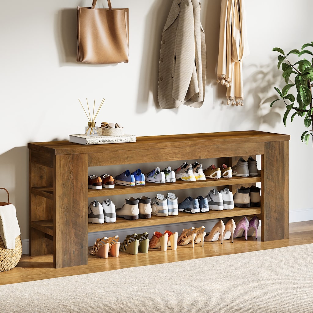 47'' Rustic Brown Wood 3-Tier Shoe Bench with Open Storage, Entryway Bench