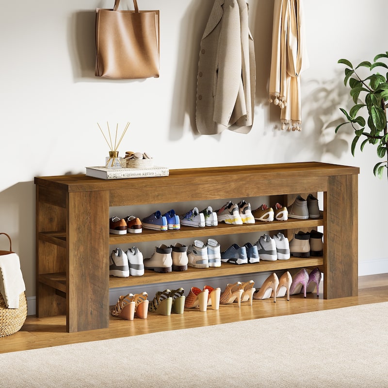 47'' Rustic Brown Wood 3-Tier Shoe Bench with Open Storage, Entryway Bench