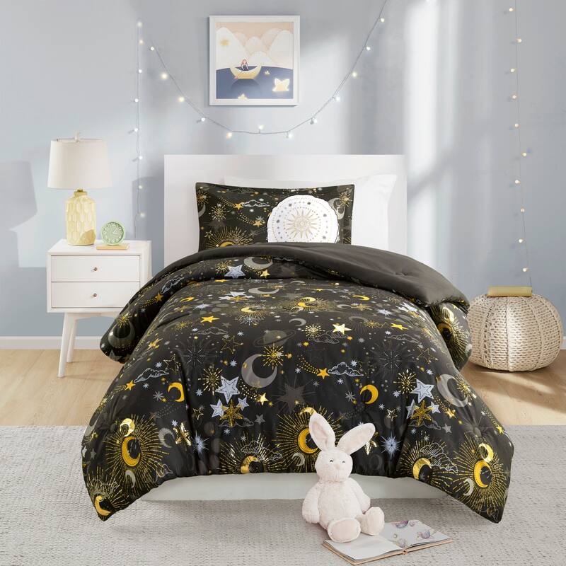 Intelligent Design Kids Ariella Starry Sky Metallic Comforter Set with Throw Pillow - Charcoal/Gold - Full - Queen