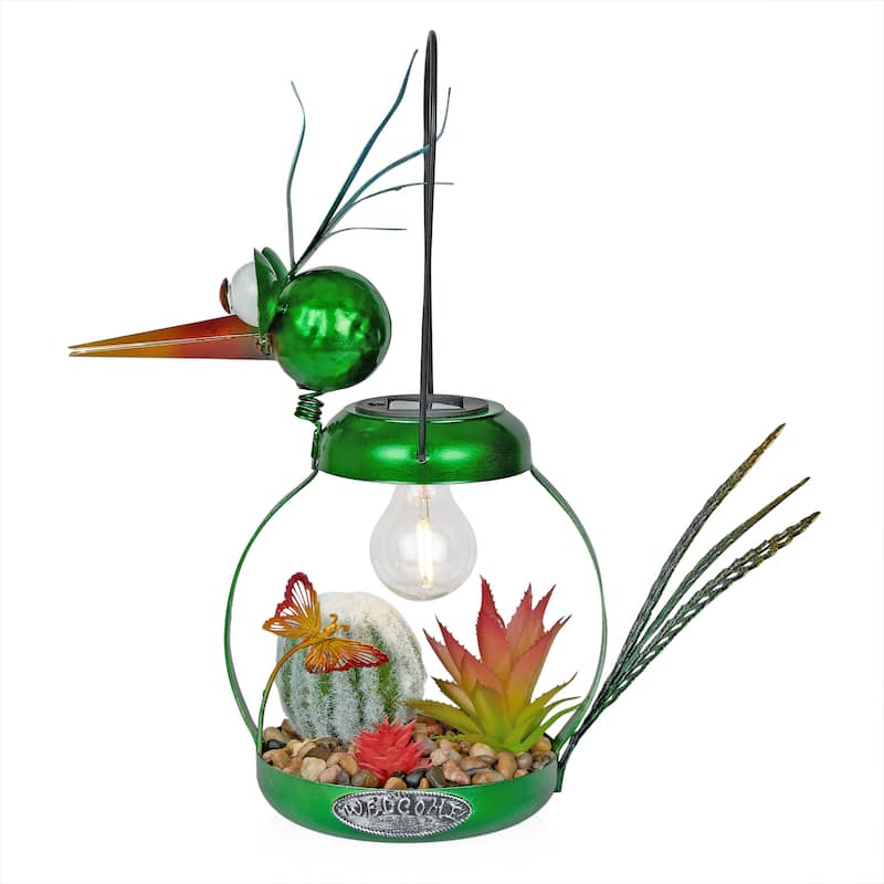 Solar Metal Silly Green Bird with Garden and LED Decor