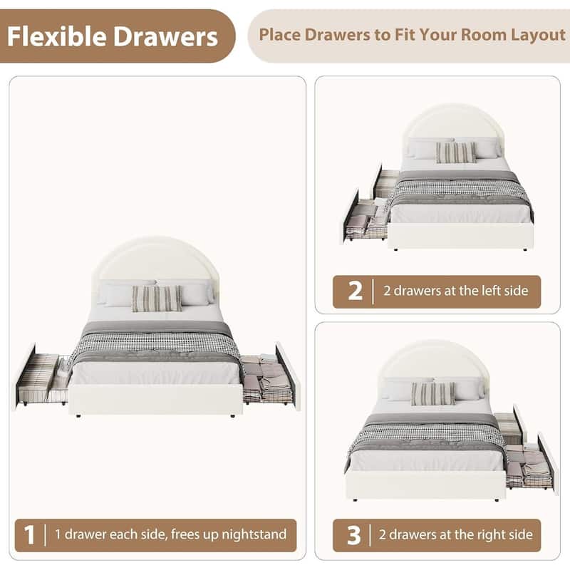 Boucle Upholstered Platform Bed Frame, with 2 Storage Drawers