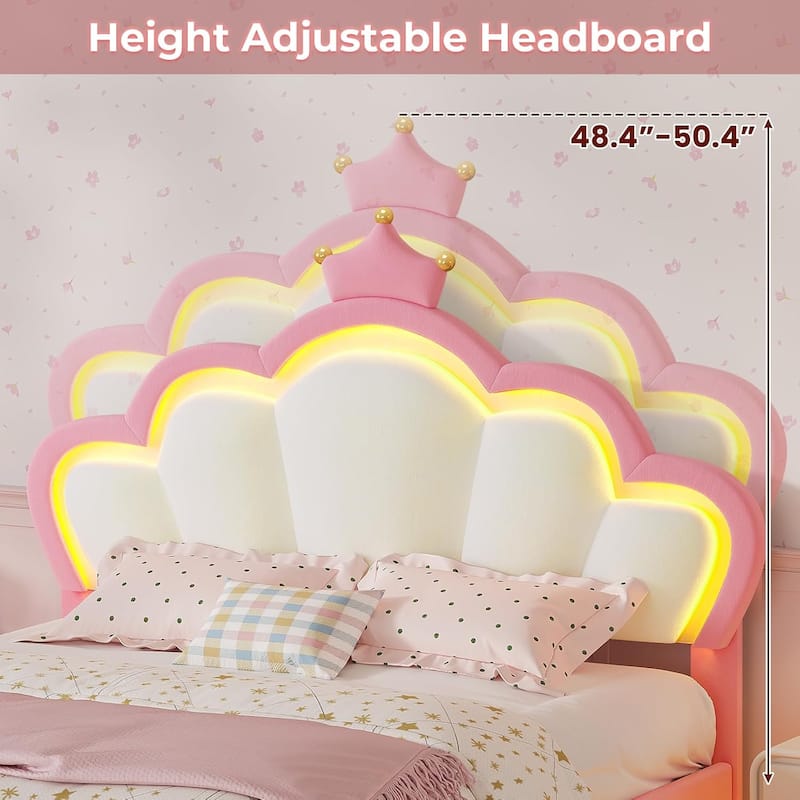 Bed Frame LED Lights Girls Bed Princess Crown Velvet Upholstered Platform Bed