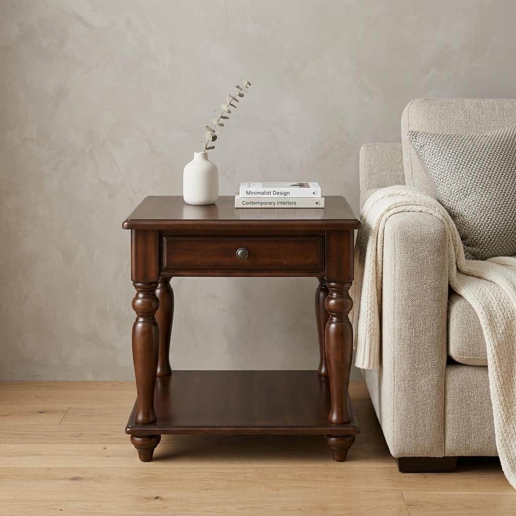 HomeRoots 24" Walnut Manufactured Wood Rectangular End Table With Drawer And Shelf - 24.00 in. x 24.00 in. x 22.00 in.