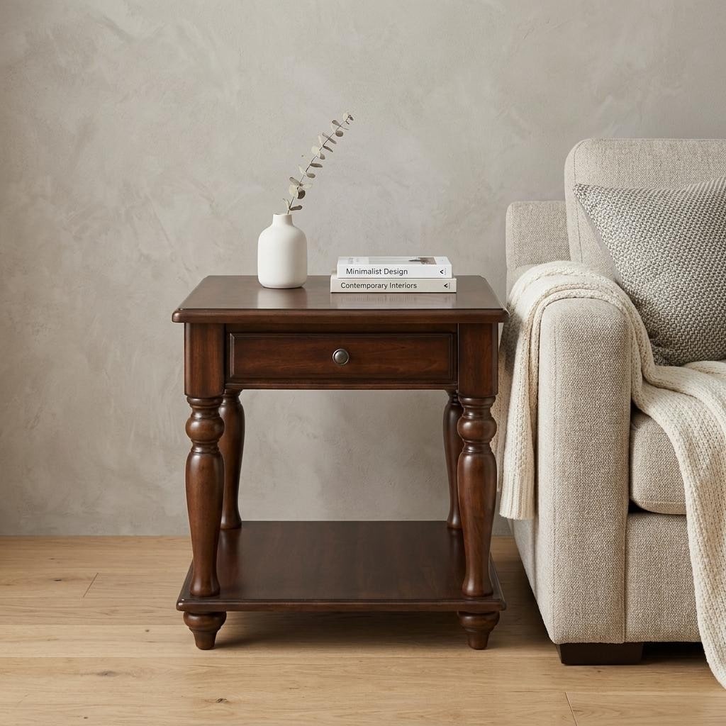 HomeRoots 24" Walnut Manufactured Wood Rectangular End Table With Drawer And Shelf - 24.00 in. x 24.00 in. x 22.00 in.