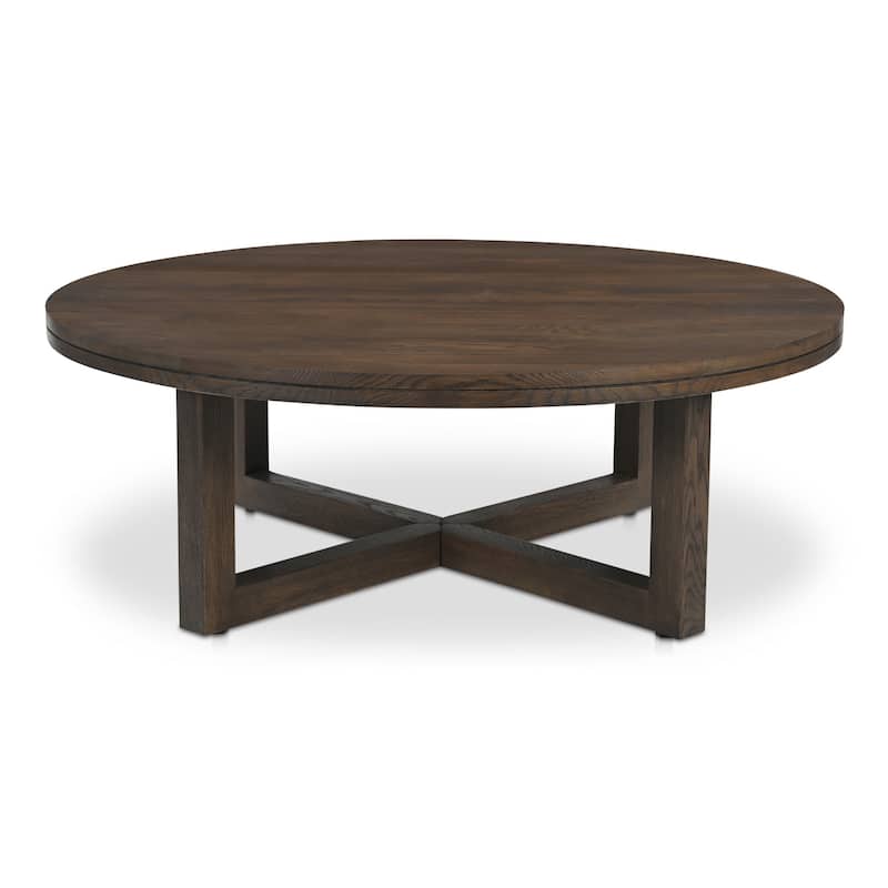 NADAAL STUDIOS Arlisse Coffee Table, Round Top, Solid Oak, Dual‑Layer Top with V‑Groove Iron Crisscross Base, Dark Brown - Dark Brown