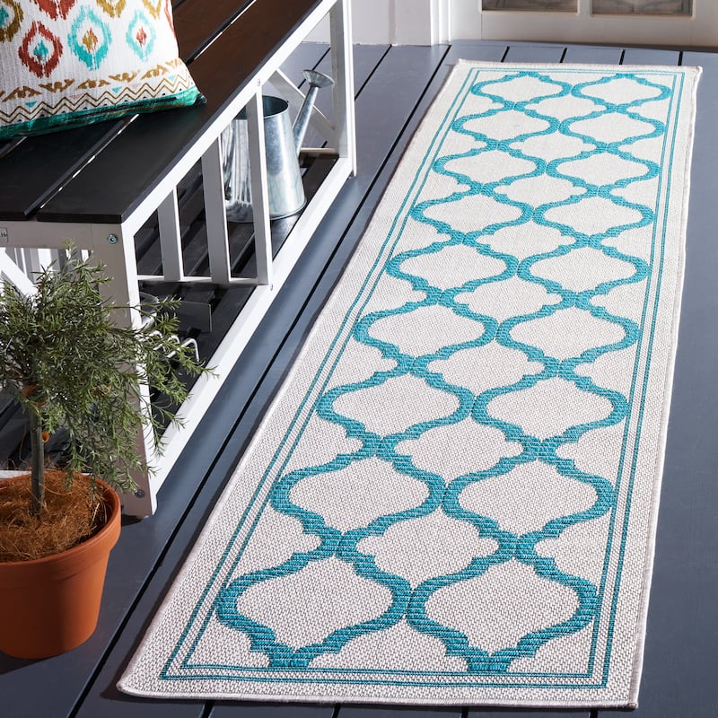 SAFAVIEH Bermuda Washable Edelt Indoor/ Outdoor Waterproof Rug - 2' x 8' Runner - Beige/Aqua