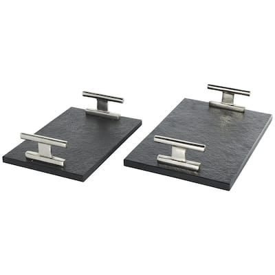 Marble Textured Living Room Decor Tray with Rod Handles - Set of 2 Black - Roche River Decor